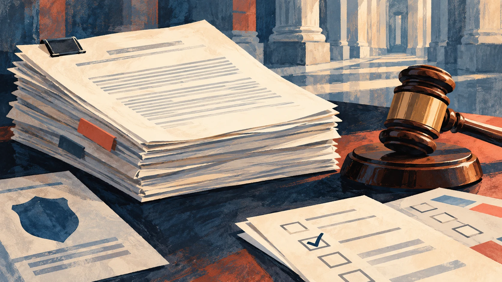 Editorial illustration of a federal courthouse and election documents