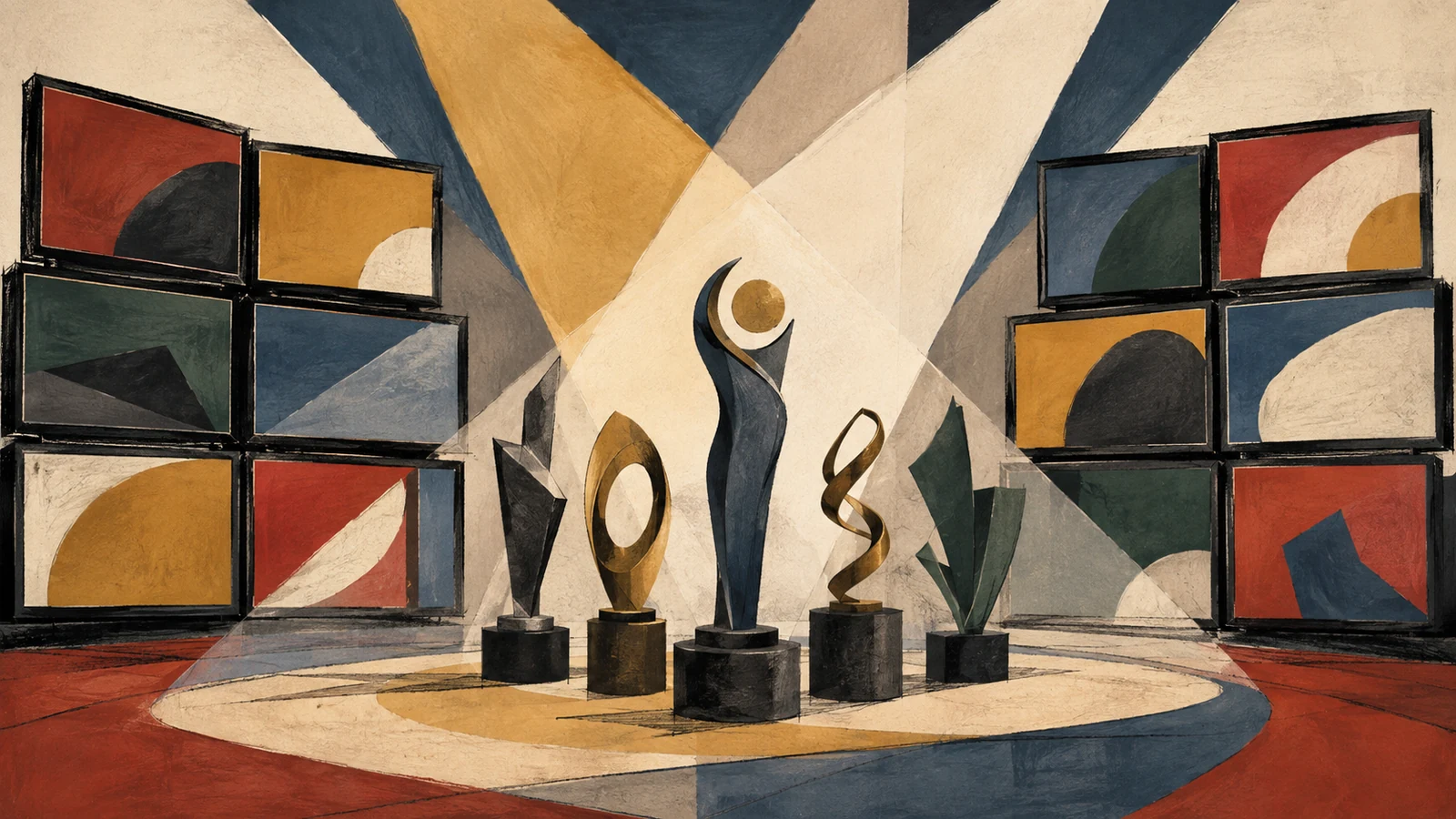 Editorial illustration of television screens, award statuettes, and stage spotlights