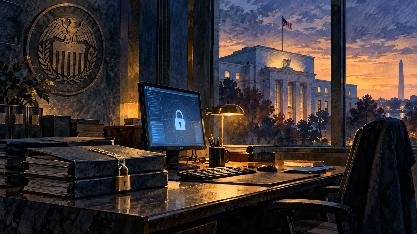 Editorial illustration of a secure office desk and document folders at dusk