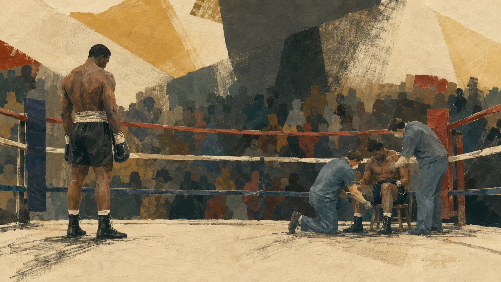 Editorial illustration of a heavyweight boxing ring after a stoppage with medical staff attending a fighter