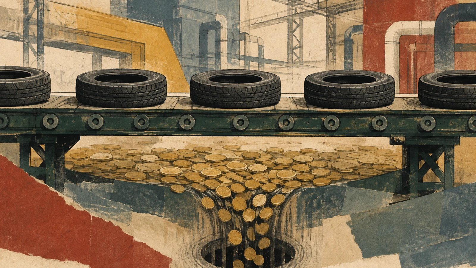 Editorial illustration of a tire-factory conveyor crossing a pool of draining coins
