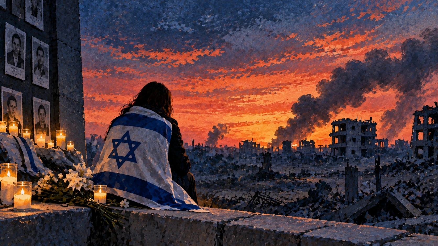 Editorial illustration of memorial candles at dawn on a quiet field in southern Israel