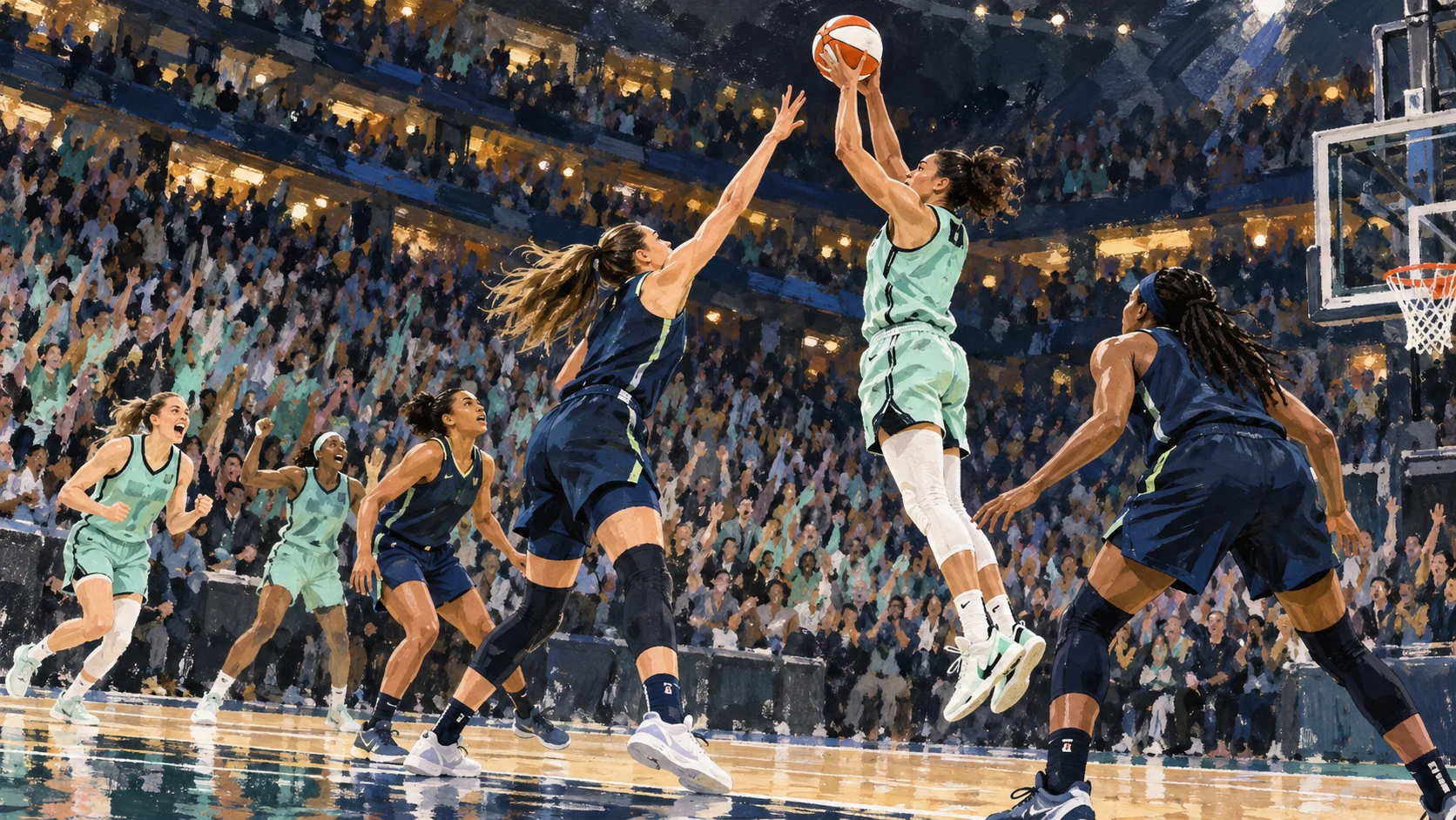 Editorial illustration of a women's basketball playoff game with seafoam and navy uniforms