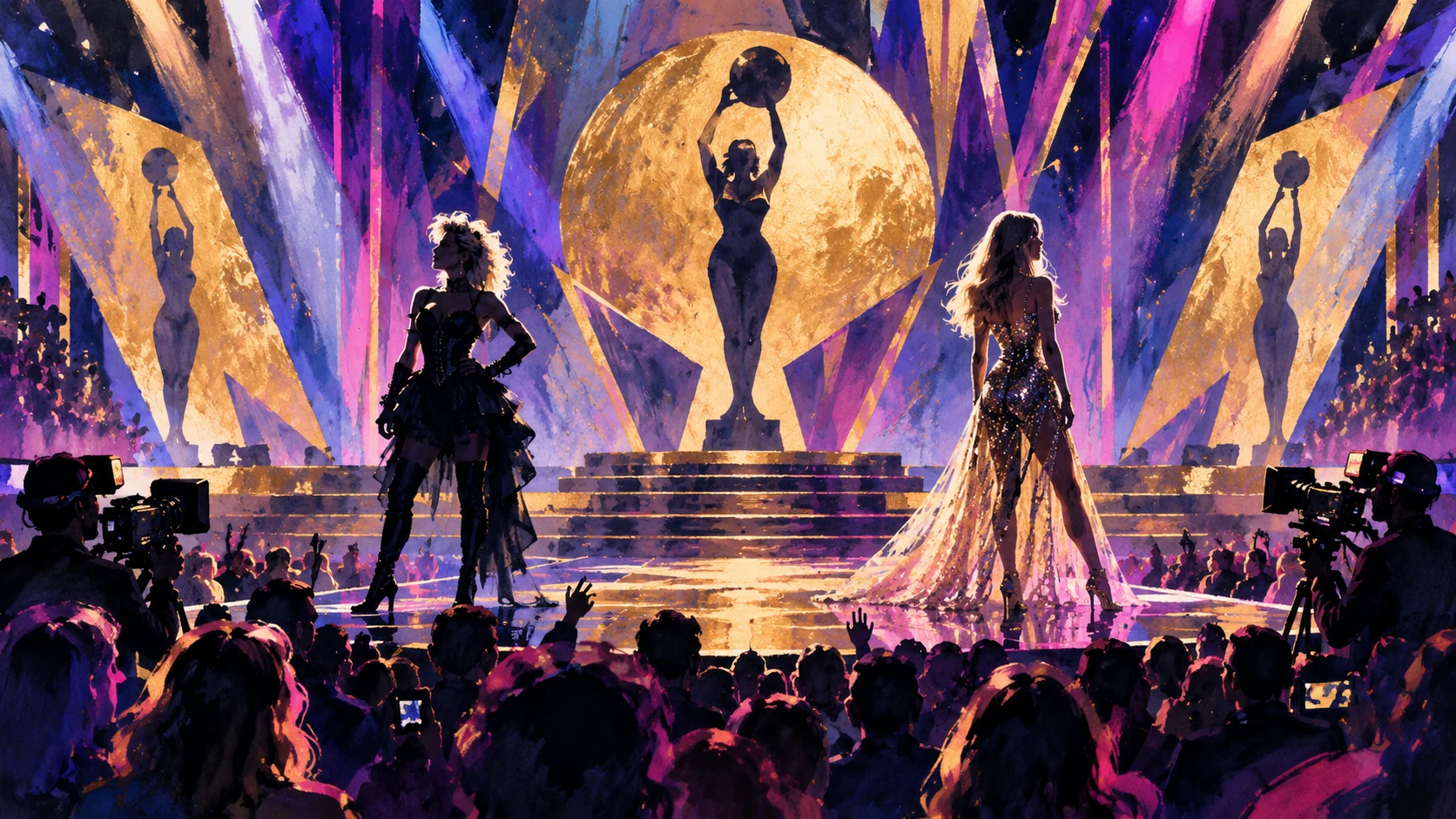 Editorial illustration of a music awards stage with performers and cameras