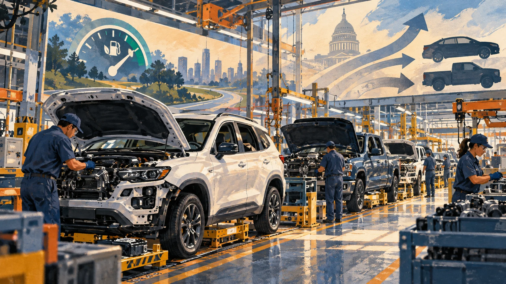 Editorial illustration of cars and light trucks moving through an American assembly plant