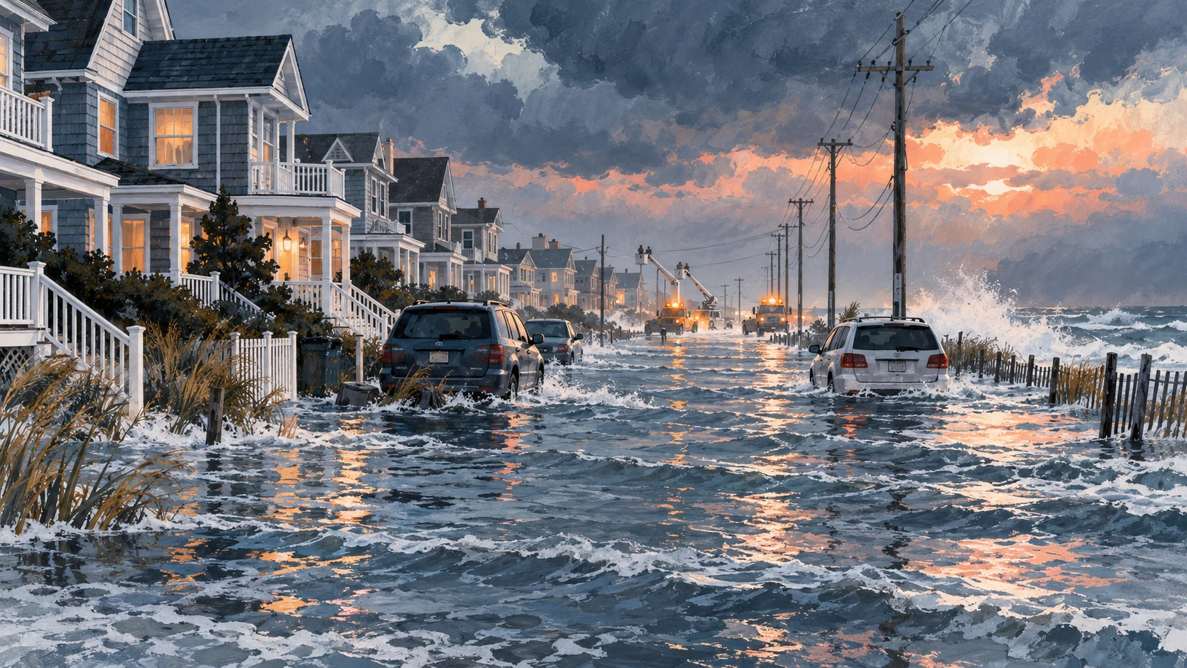 Editorial illustration of a flooded New Jersey coastal street during a nor'easter