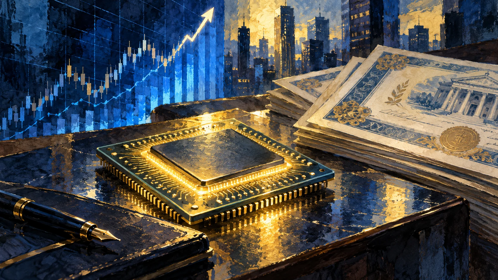 Editorial illustration of a semiconductor chip and abstract financial papers