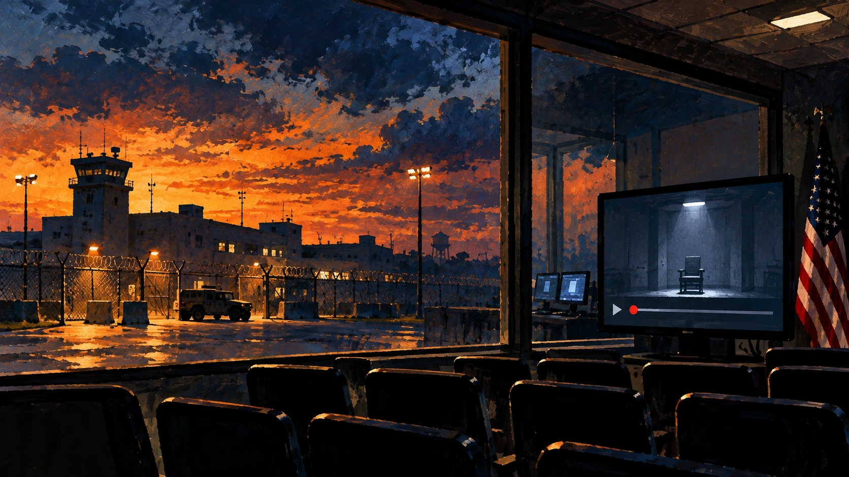 Editorial illustration of the Pentagon building with a broadcast camera in the foreground
