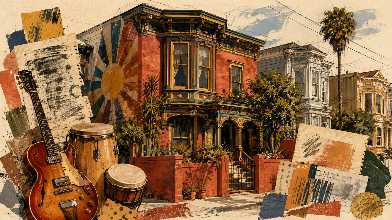 Editorial illustration of a colorful Mission District house surrounded by guitar and concert-archive motifs