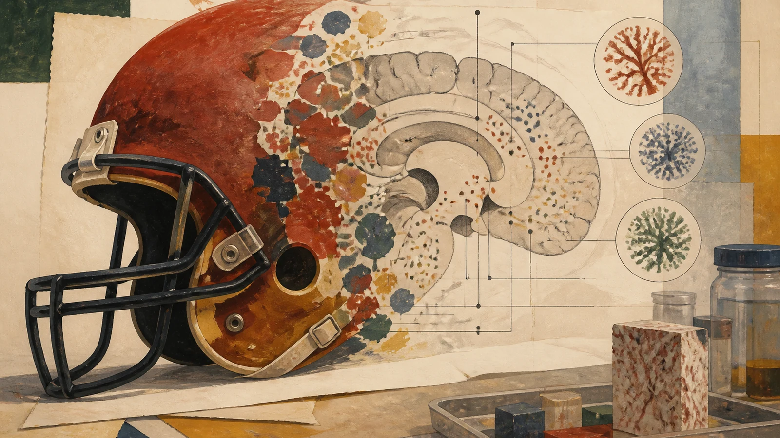 Editorial illustration of a football helmet blending into a careful brain-study motif