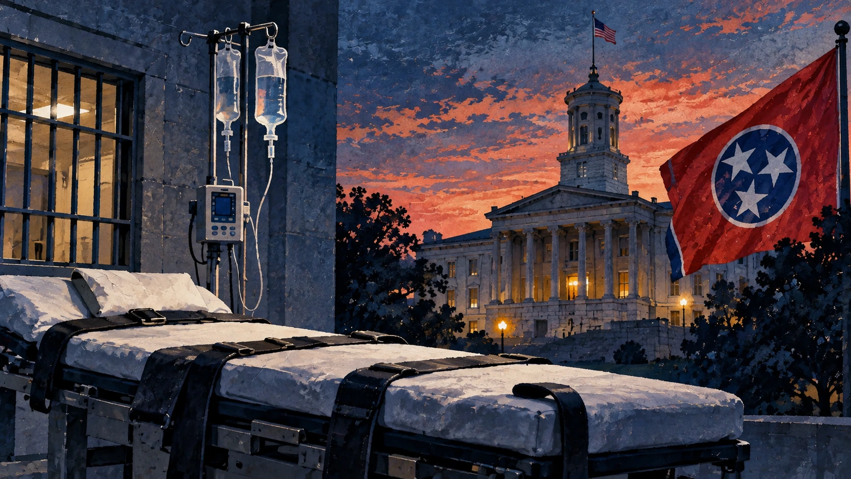 Editorial illustration of a prison building in Nashville at dusk with a closed gate