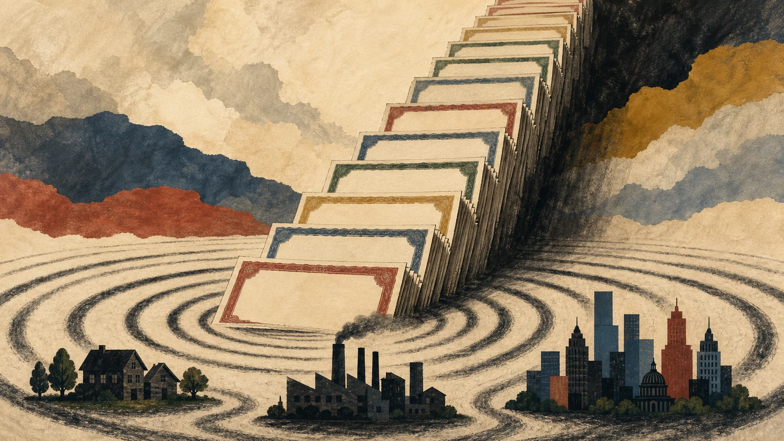 Editorial illustration of government bonds forming a staircase above household, factory, and city silhouettes