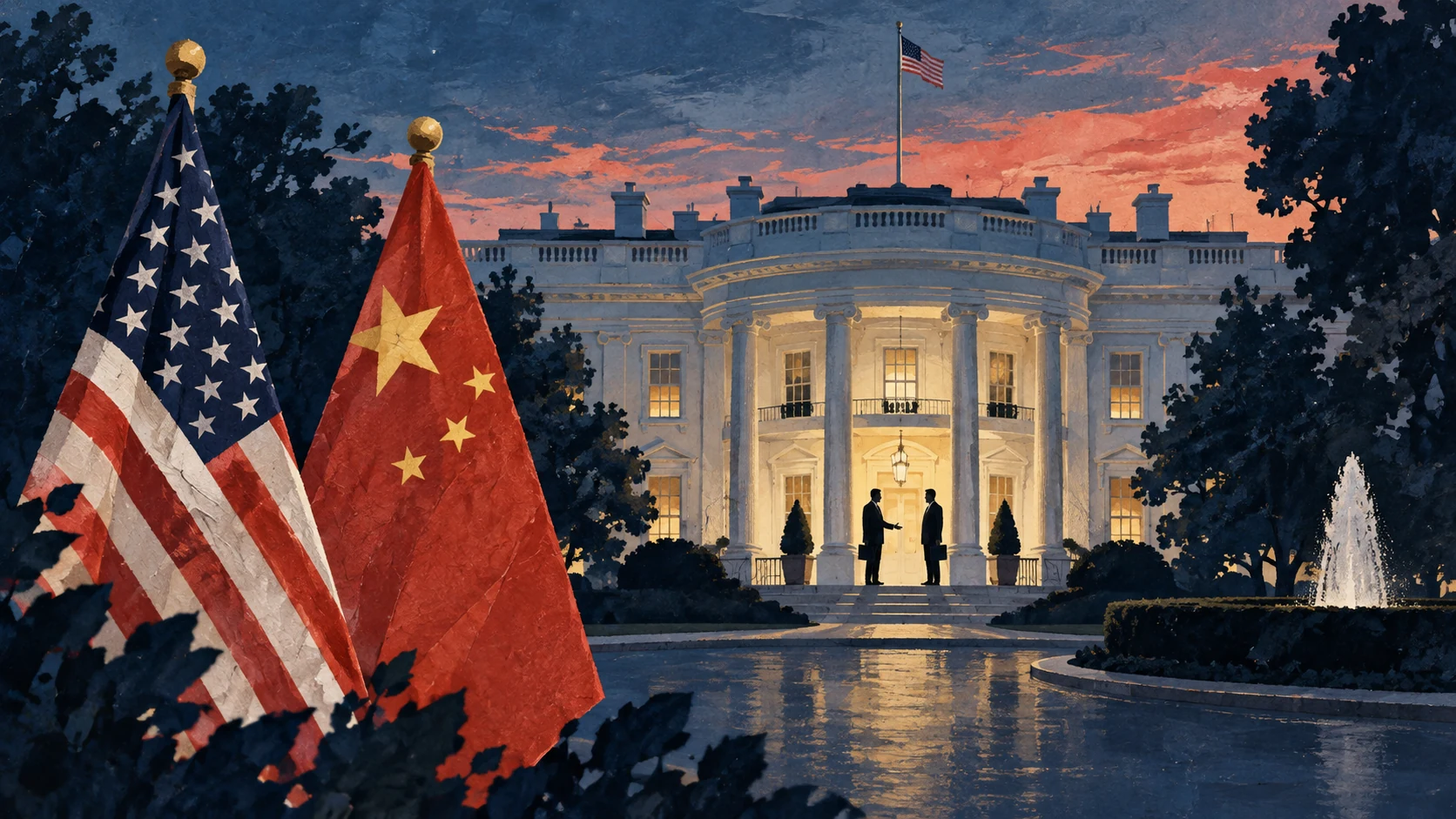 Editorial illustration of the White House with U.S. and Chinese flags at dusk